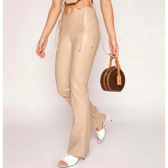 IAMGIA Zoe Faux Leather V Front Pant Tan Beige Small - Picture 1 of 6